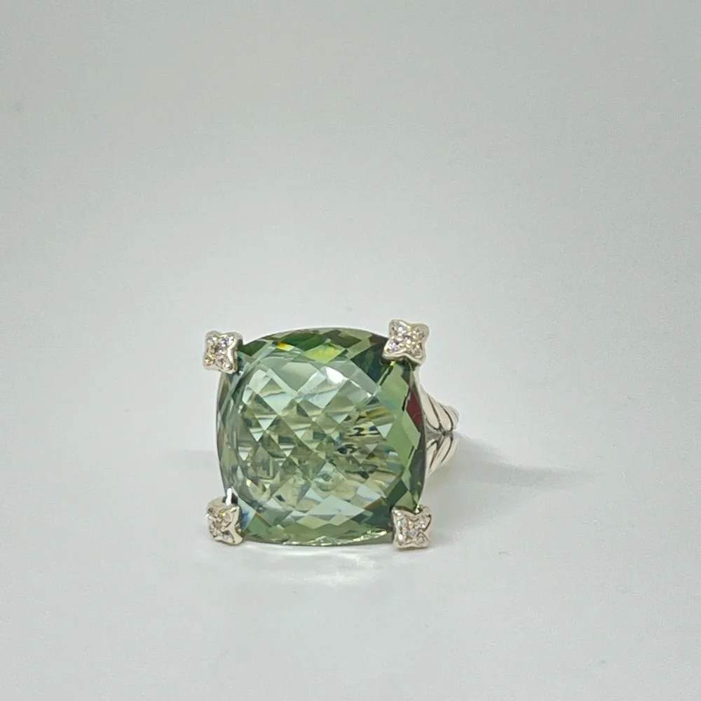 David Yurman Cushion On Point ring in silver, diamonds and prasiolite - Picture 2 of 13
